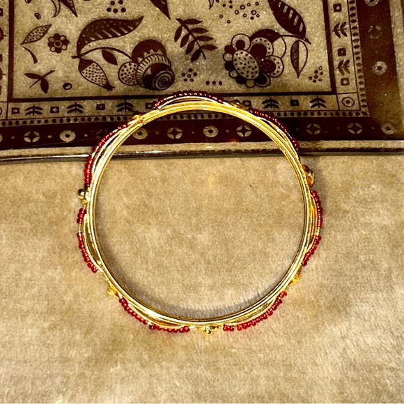 HLB Jewelry - Gold-Tone Women’s Bangle Bracelet with Red Bead Accents